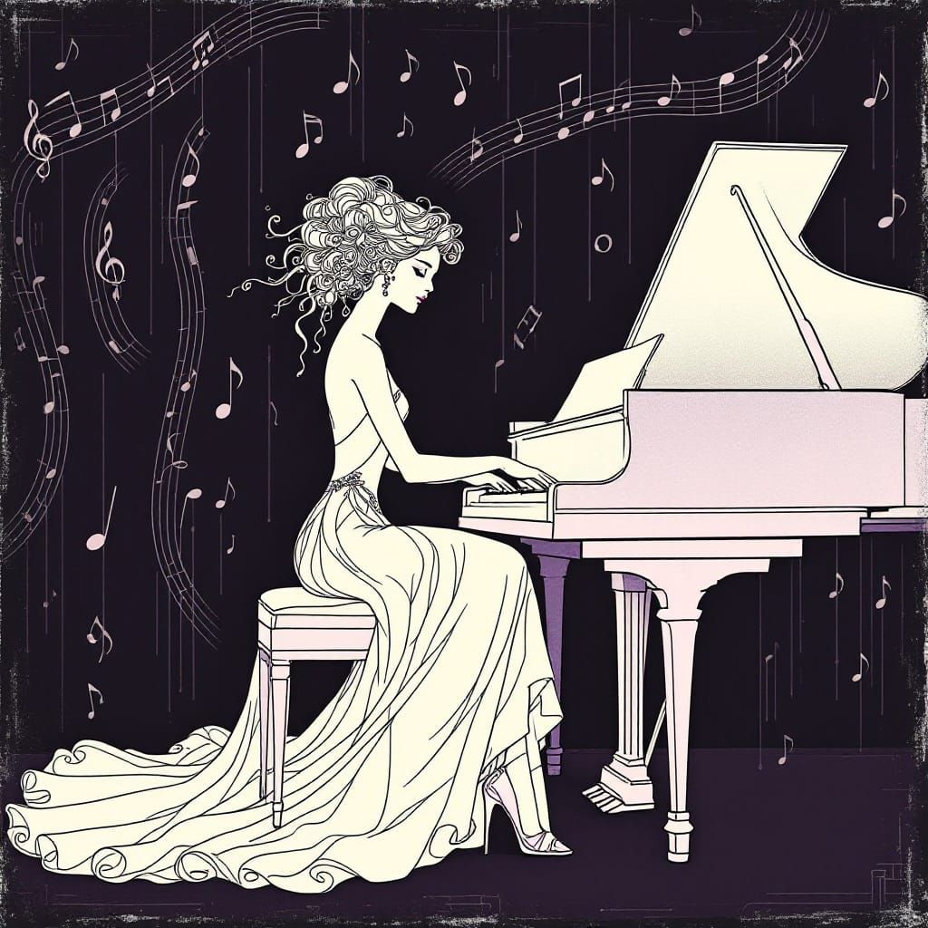 Elegant Woman Plays Piano with Flair in Art Deco Style
