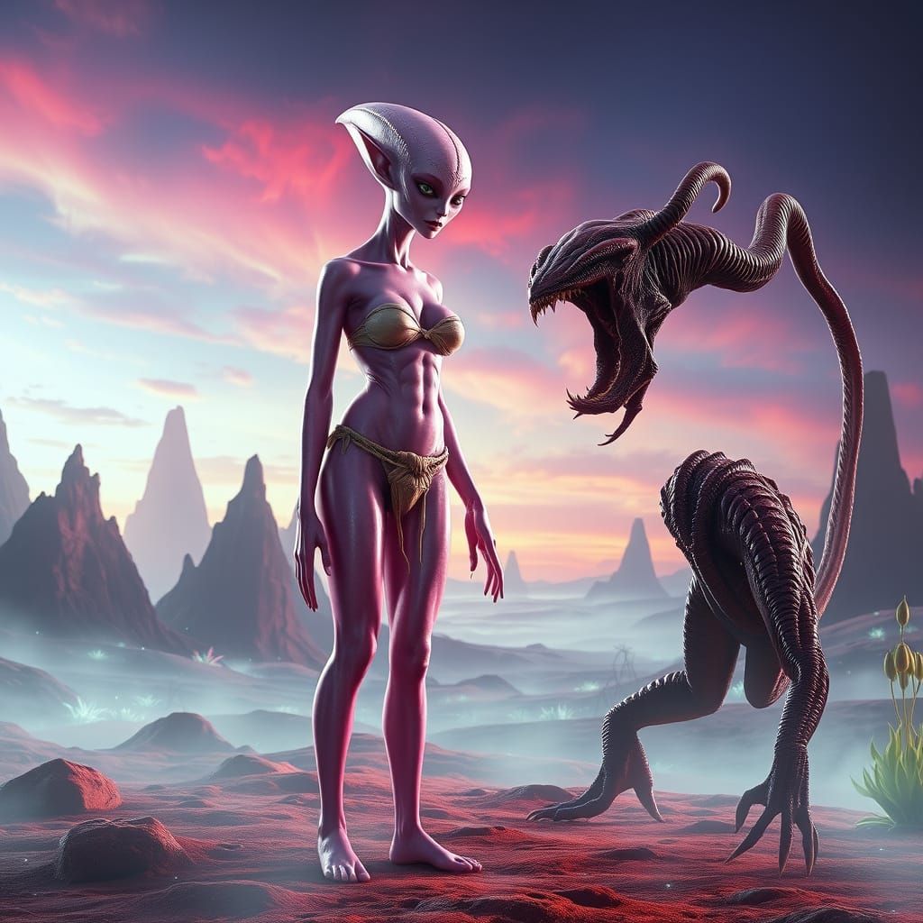 Pink Alien Woman on Alien Planet in Hyperrealism