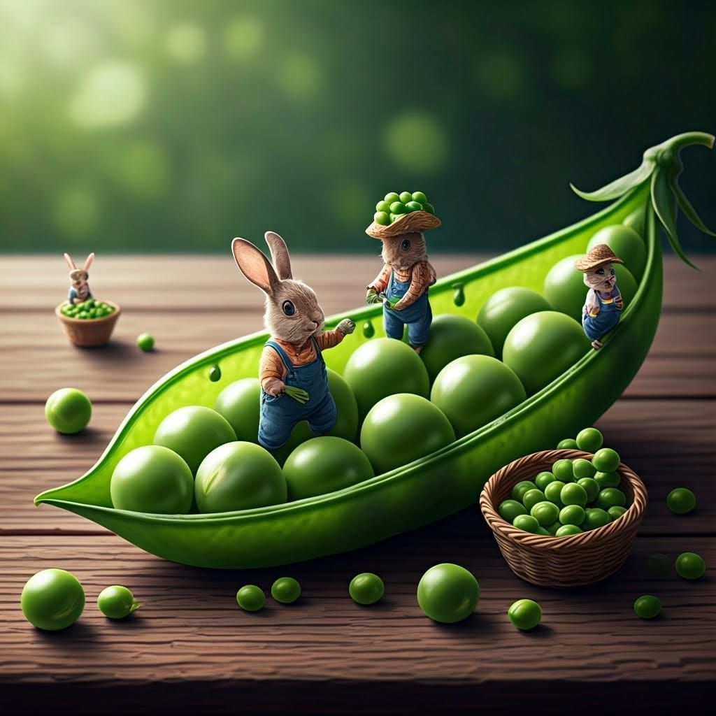 Fantasy Rabbit Harvesting Giant Peas in Vibrant Pea Pod Scen...