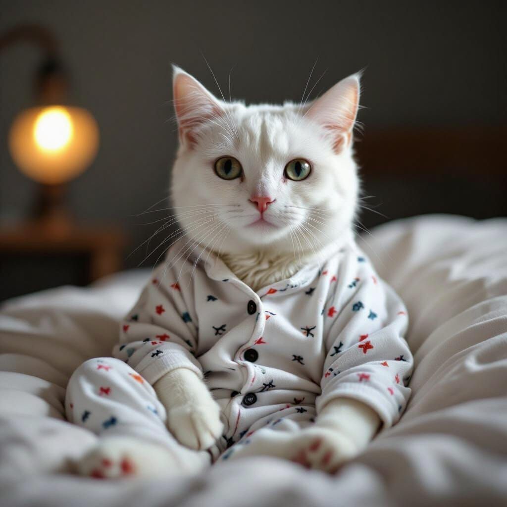 Hyperrealistic Photo of White Cat in Pajamas