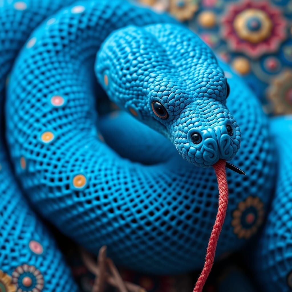 Vibrant Crochet Snake Unraveling in a Dreamscape
