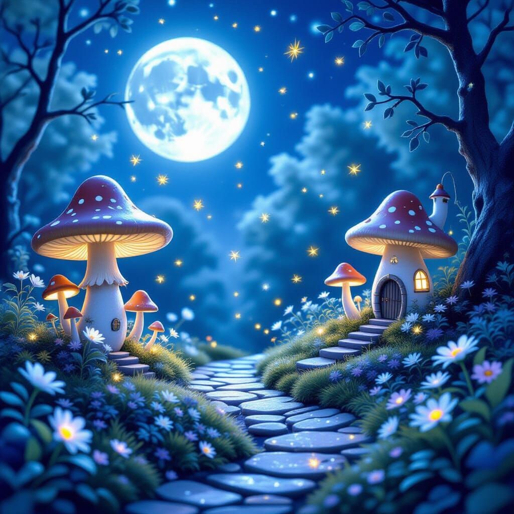 Moonstone Fairy Garden Under Luminous Full Moon
