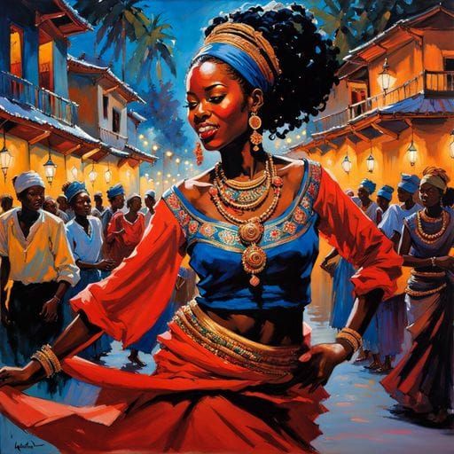 Haitian Dancer in Traditional Dress, Ink Painting Style