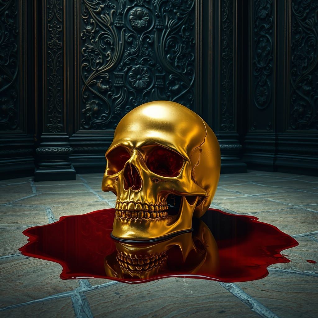 Golden Skull Submerged in Blood, Baroque Style