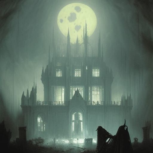 Gloomy Ghost Castle with Lost Souls in Dark Night