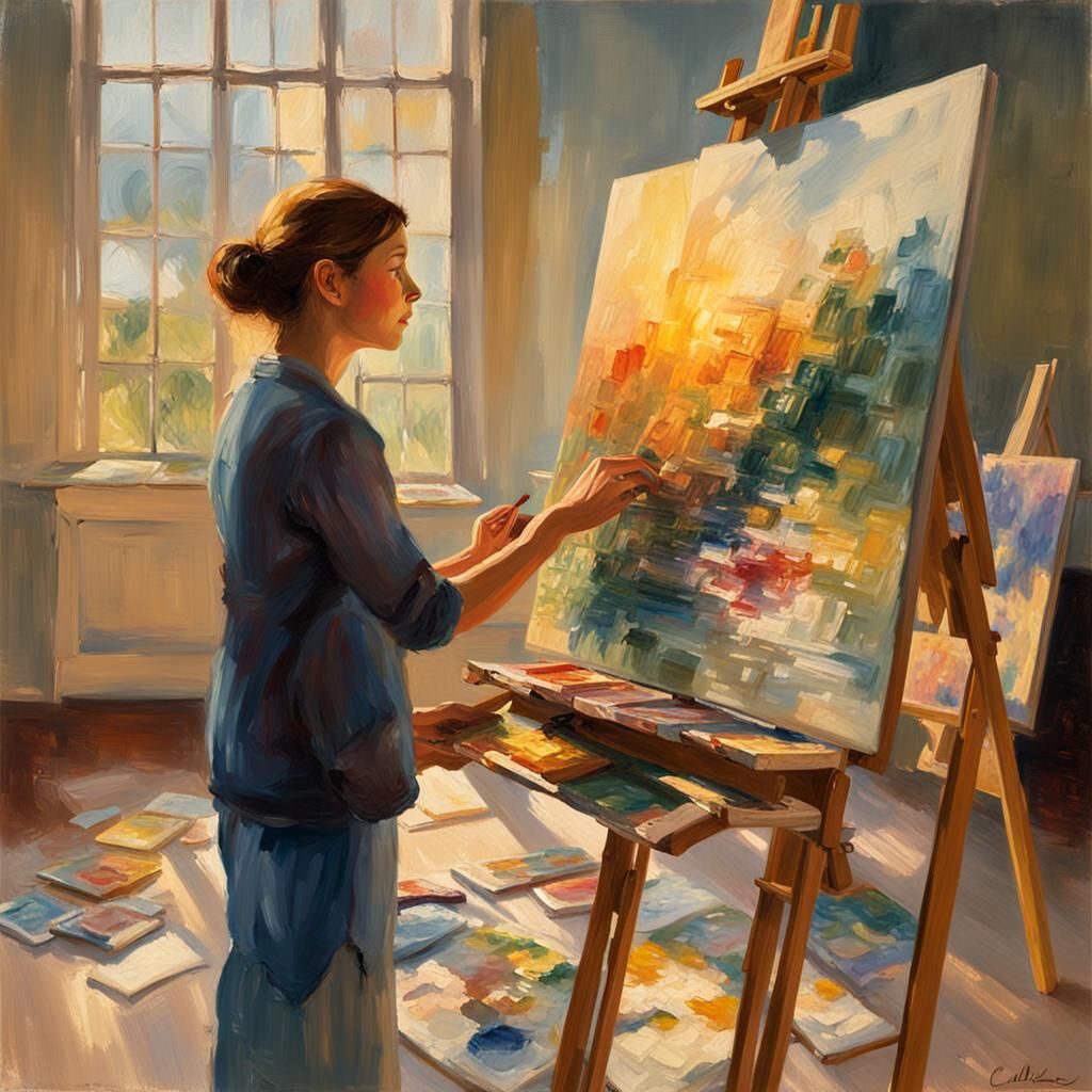Artist in Studio: Impressionistic Sunlight and Reflection