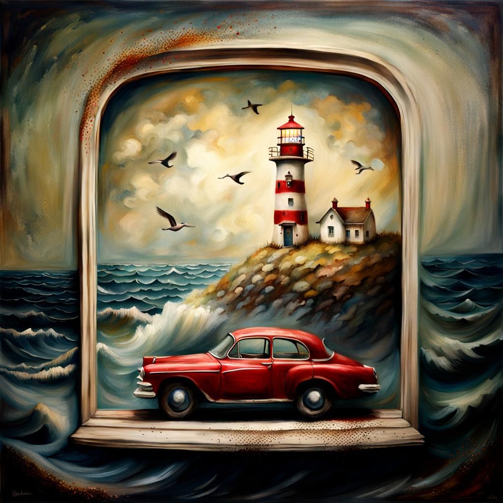Surreal Car Bomb and Lighthouse Scene in 3D