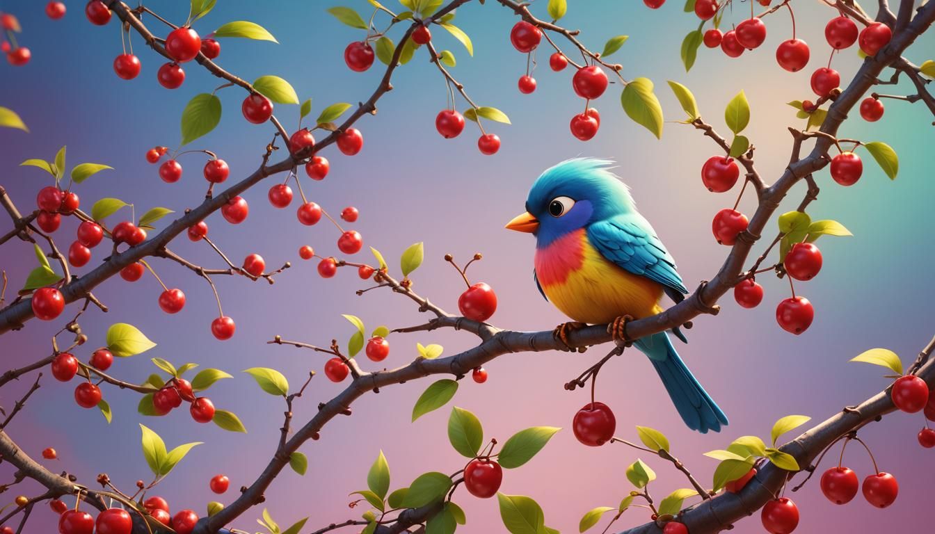 Cartoon Bird Eating Cherry: 3D Digital Art