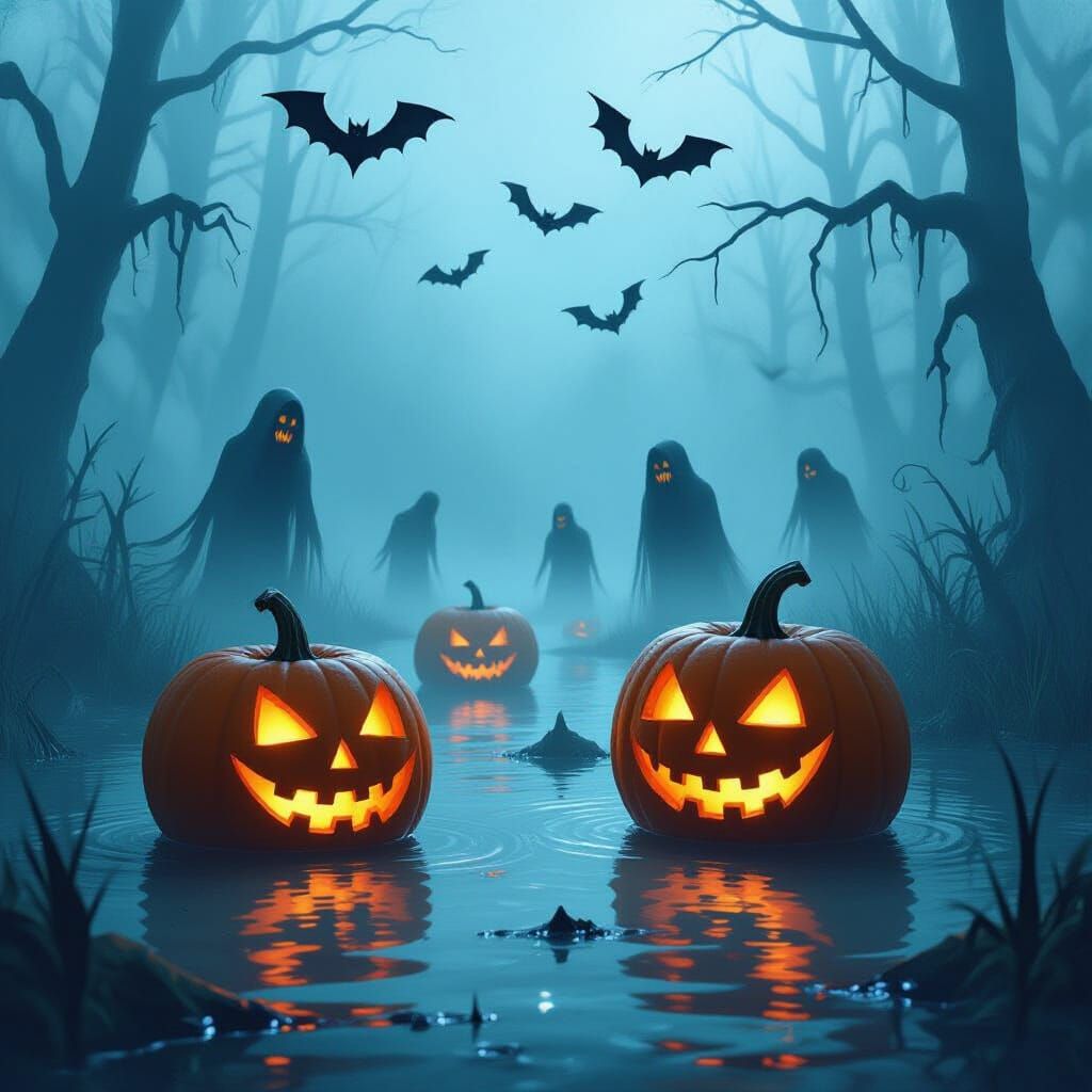Glowing Pumpkins in Foggy Swamp with Ghostly Figures