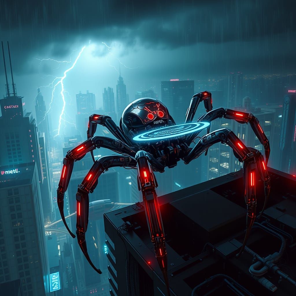 Cyberpunk Spider Hacks Amazon on Futuristic Skyscraper
