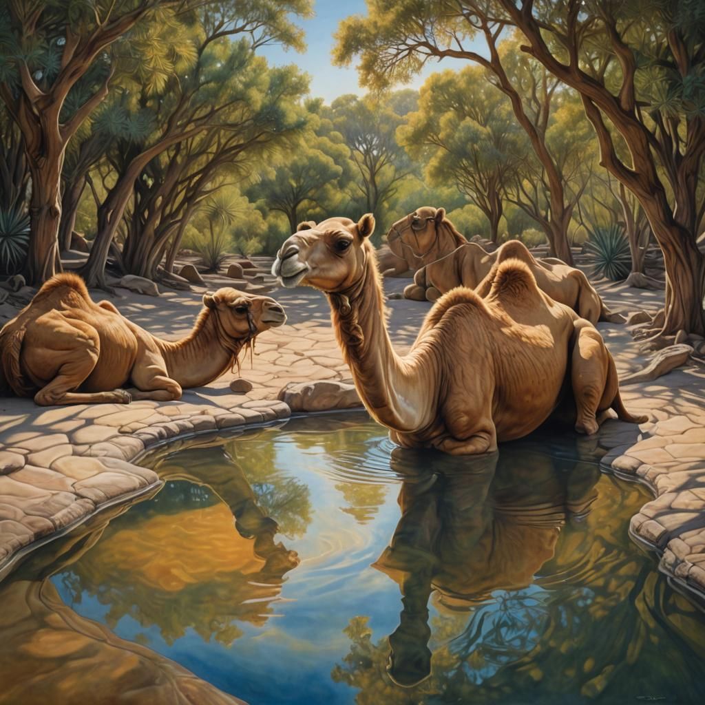 Hyperrealistic Camels Reflected in Water, Acrylic Style
