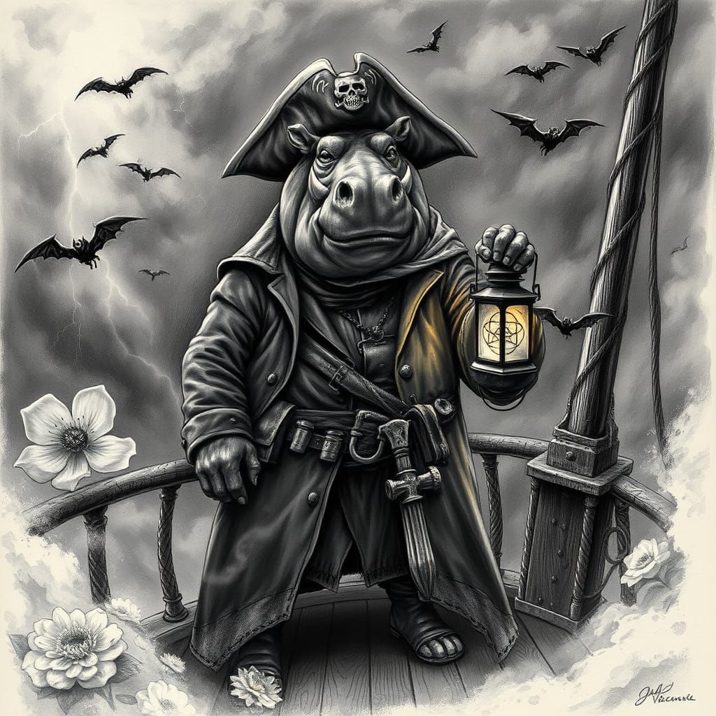 Gothic Pirate Hippo on Haunted Ship in Cartoon Style