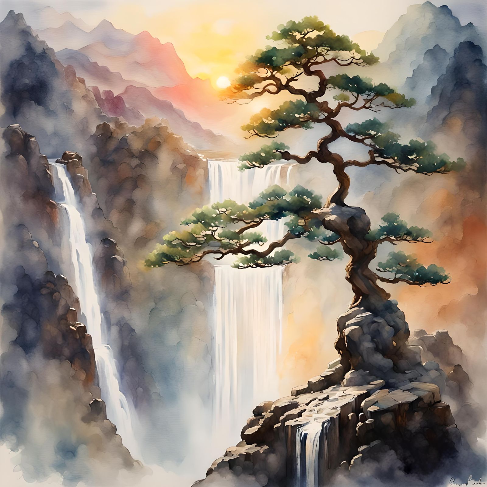 Bonsai and Waterfall Double Exposure Watercolor Art