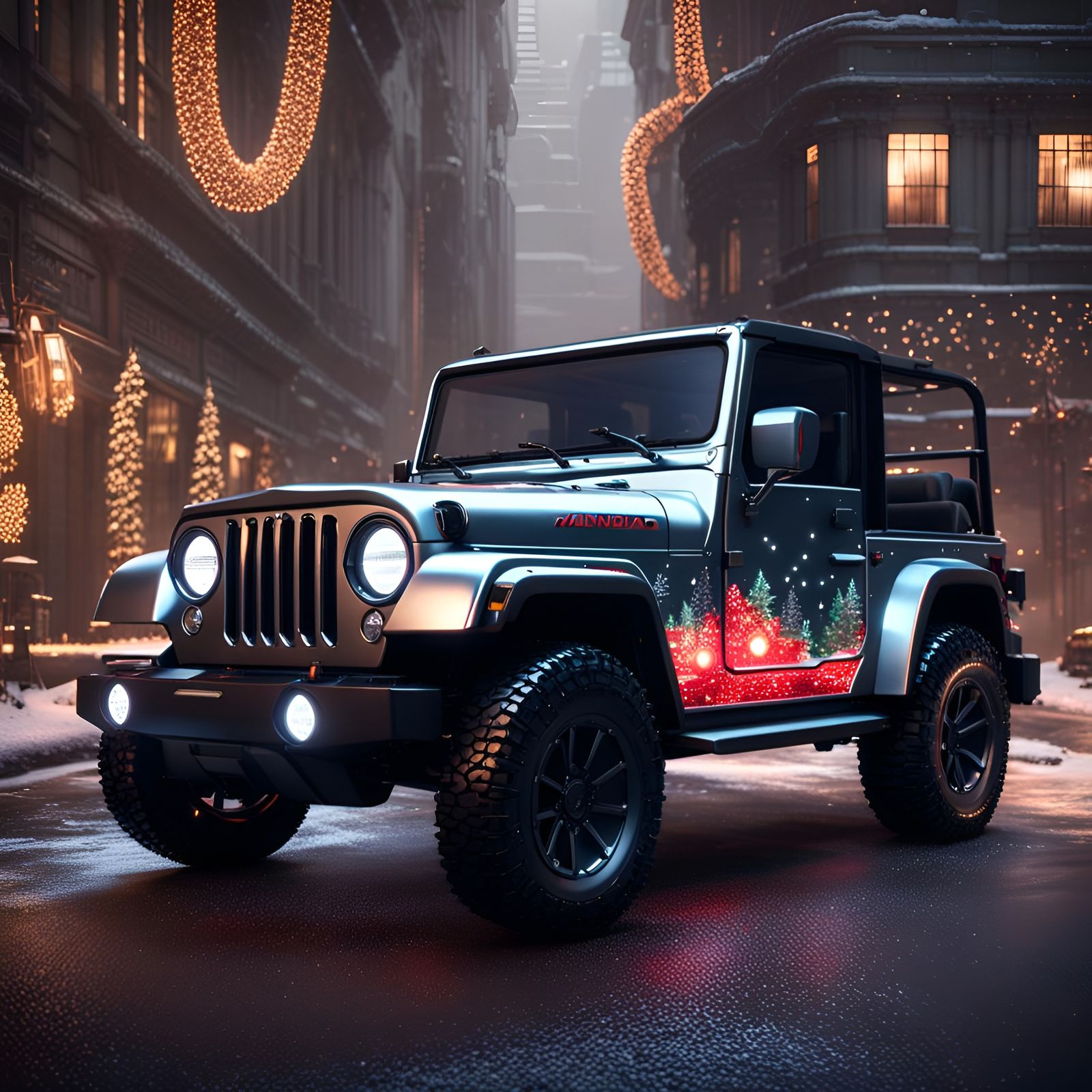 Futuristic Mahindra Thar SUV with Christmas Print