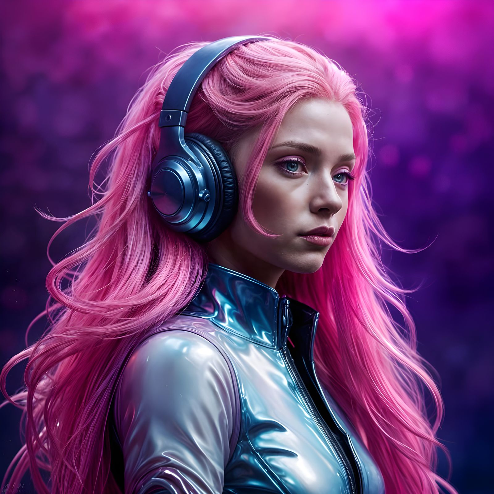 Woman in Vibrant Pink Latex Catsuit with Elegant Hair, Ears,...