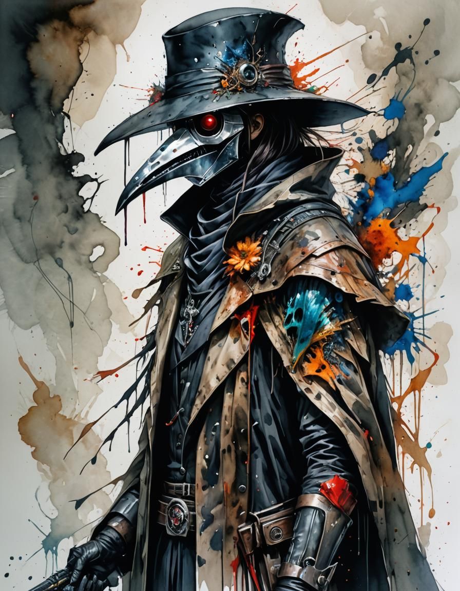 Watercolor Plague Doctor in Apocalyptic Vault