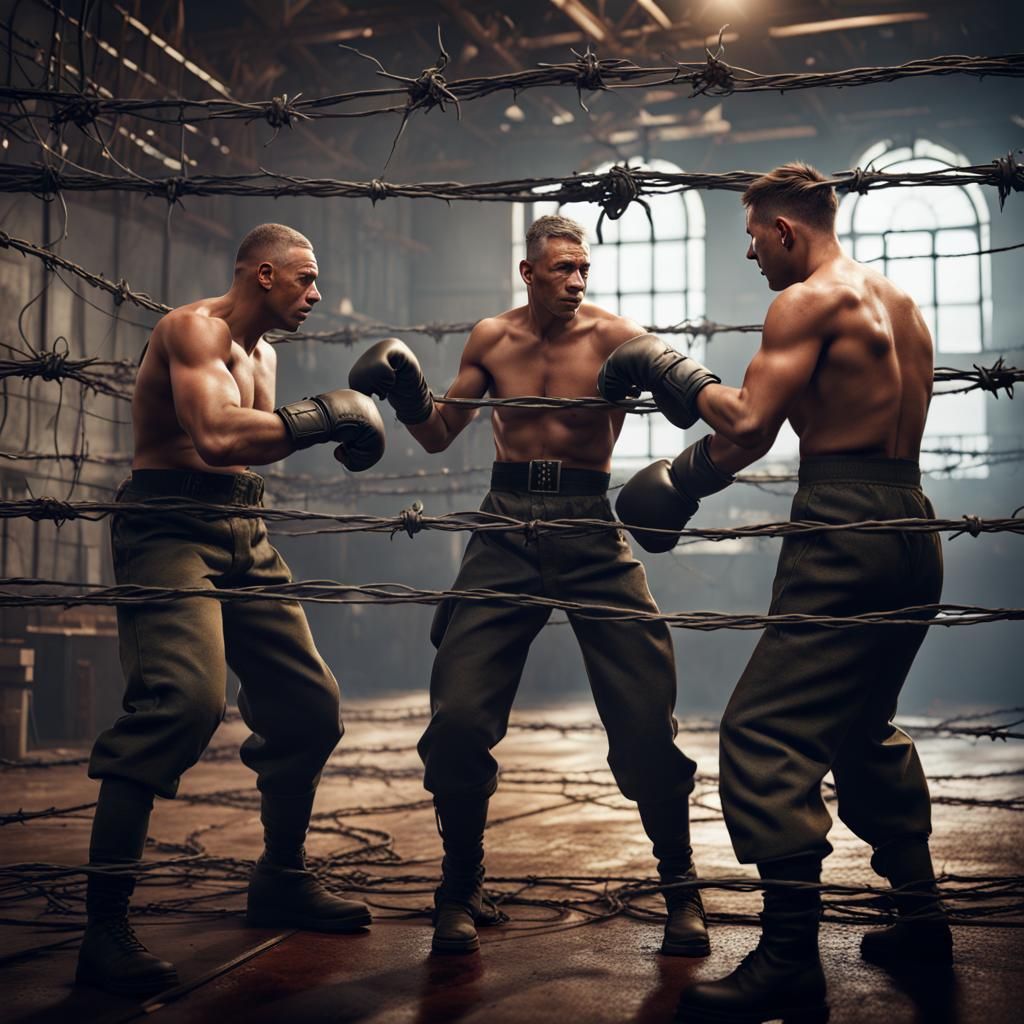 German Officers Boxing in Barbed Wire Cage