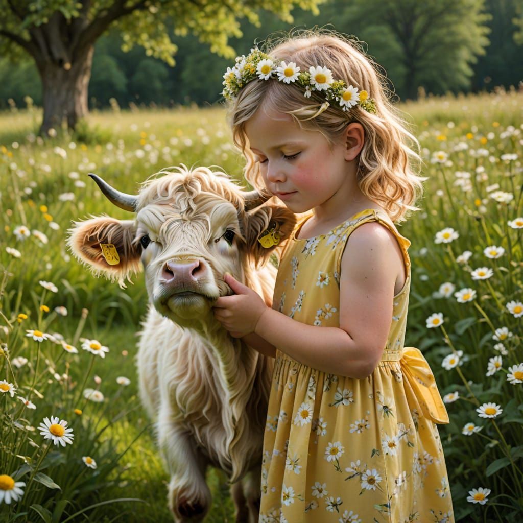Little Girl with Golden Curls and Mini Highland Cow in Sprin...