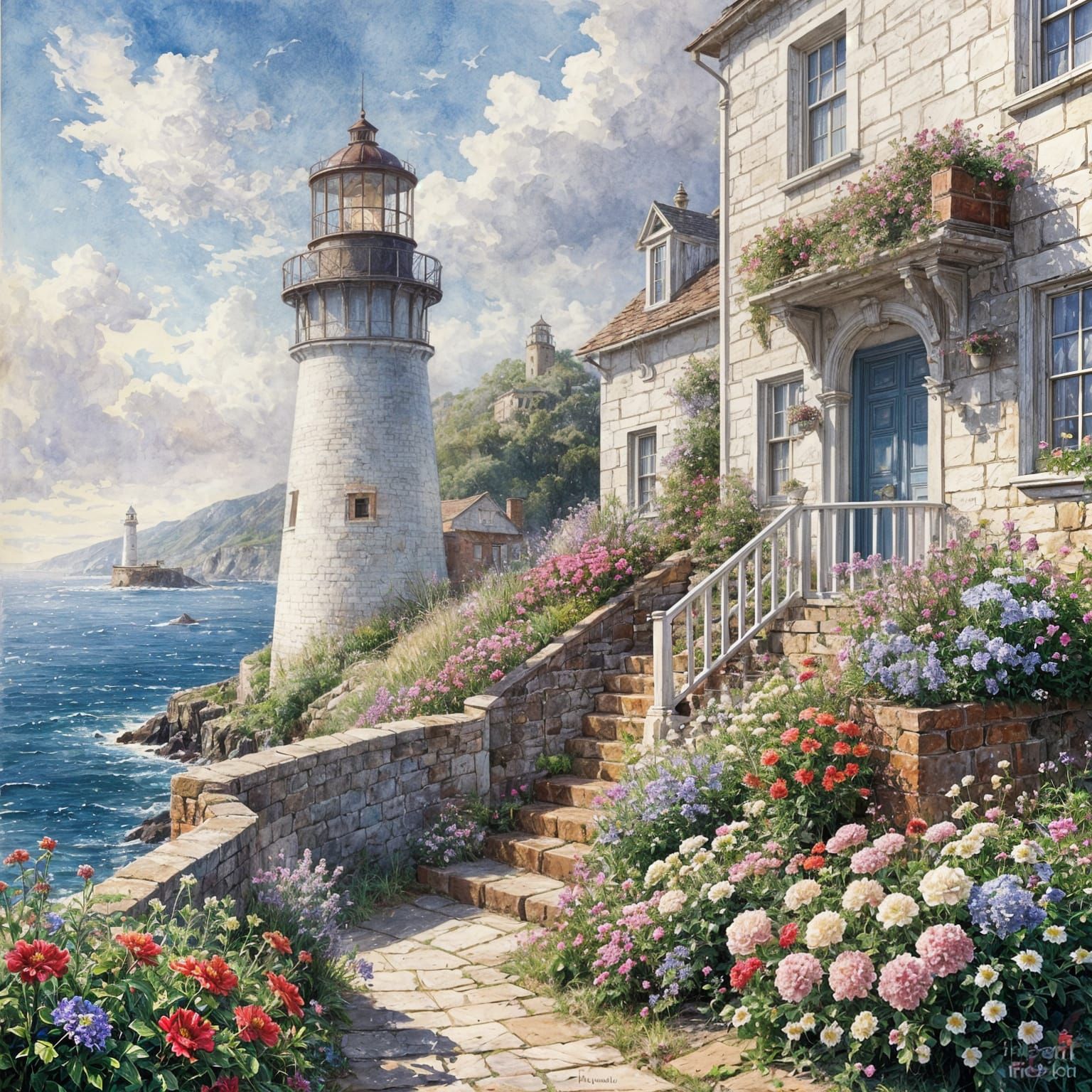 Vintage Lighthouse with Sea Views and Beautiful Flowers