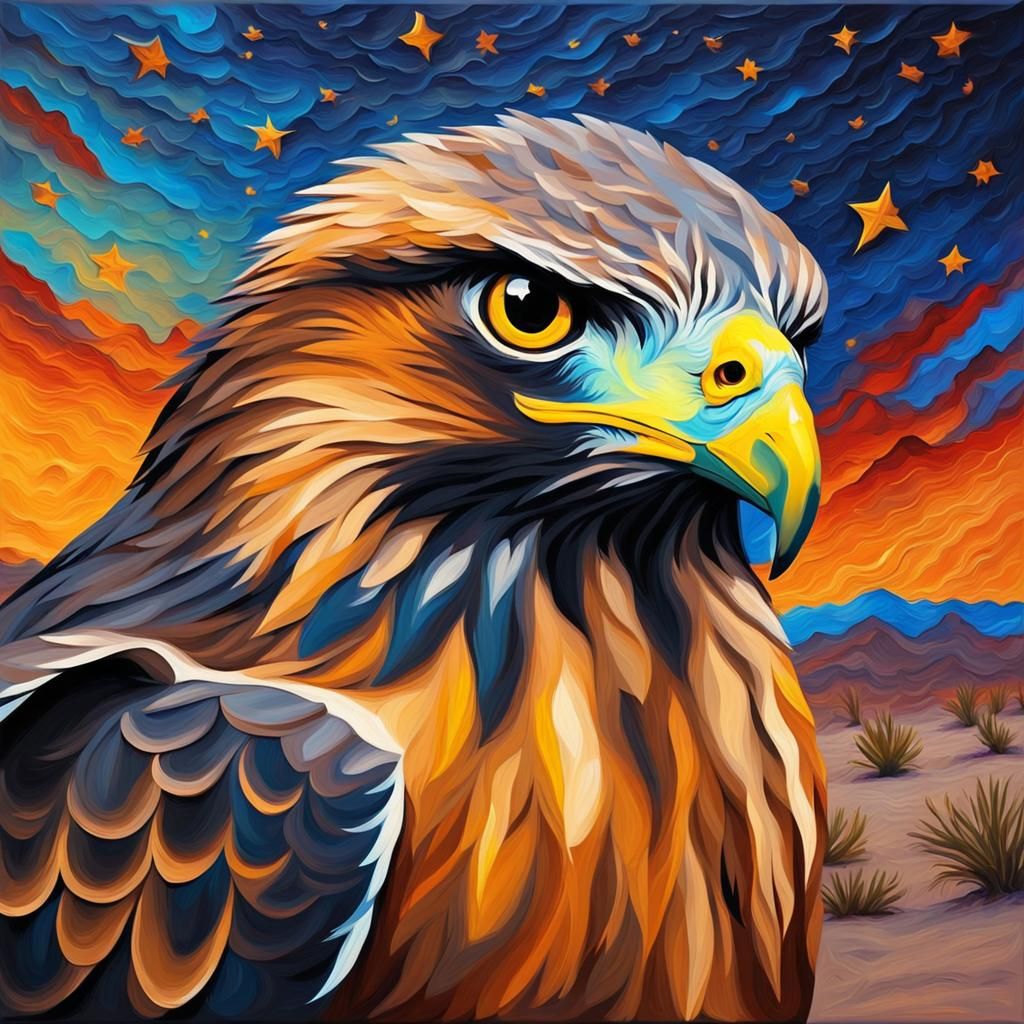 Hawk Portrait Under Desert Stars: Impasto Oil Painting