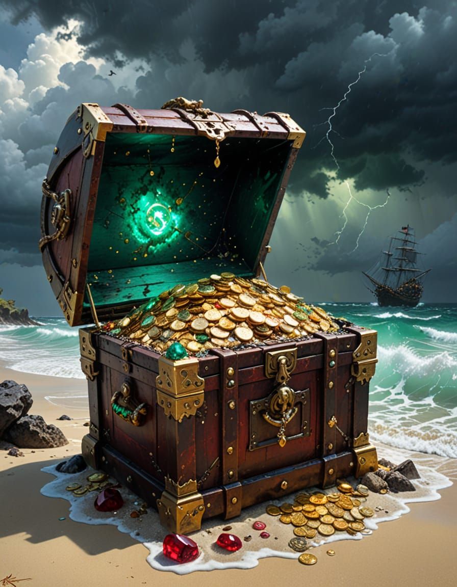 Pirate Treasure Chest on Deserted Island Beach