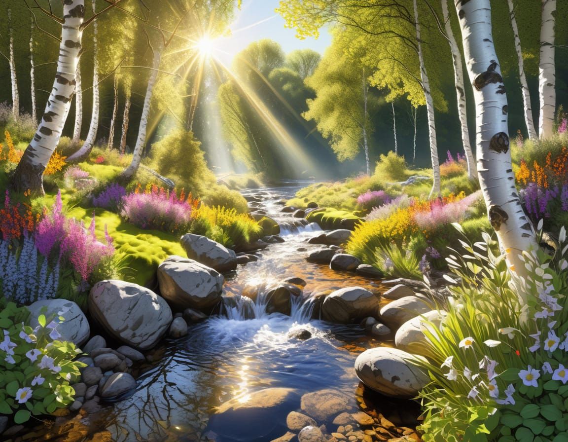 Vibrant Woodland Scene with Backlit Brook and Birch Trees