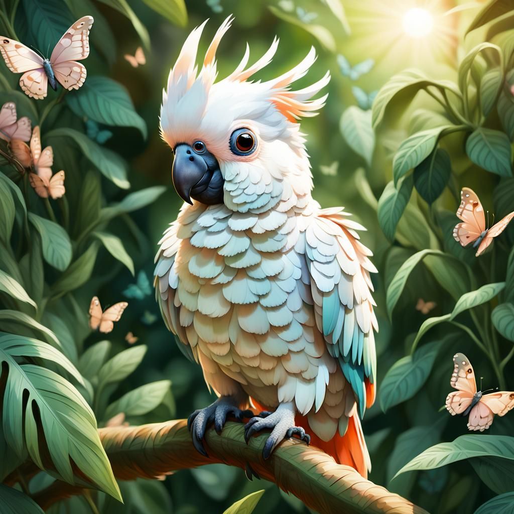 Playful Baby Cockatoo in Lush Garden: 3D Digital Art