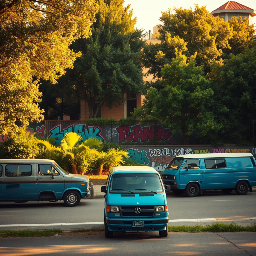 Vibrant Oakland Park Scene with Blue Vans