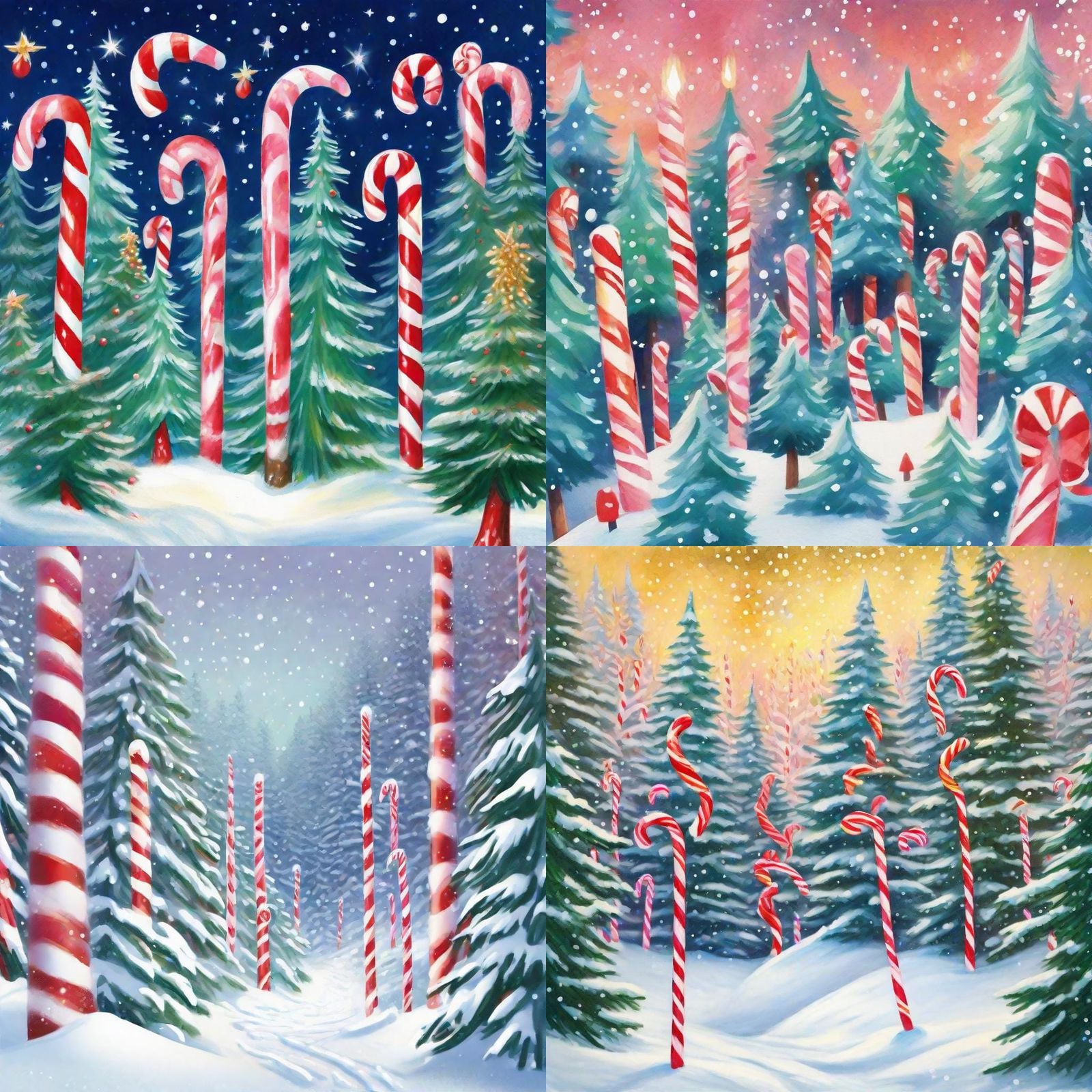 Candy Cane Christmas Tree Forest in Gouache Style