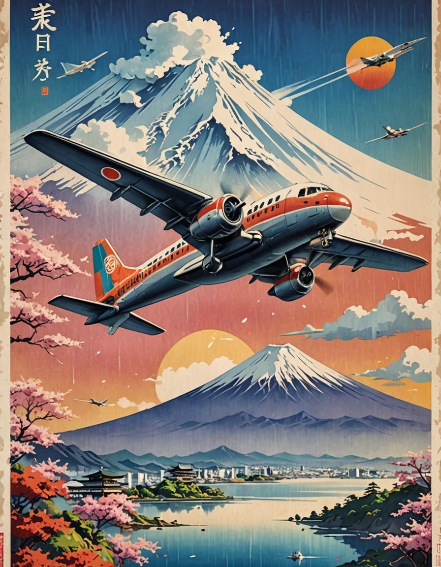 Vintage Japan Travel Poster: Airplane and Mount Fuji