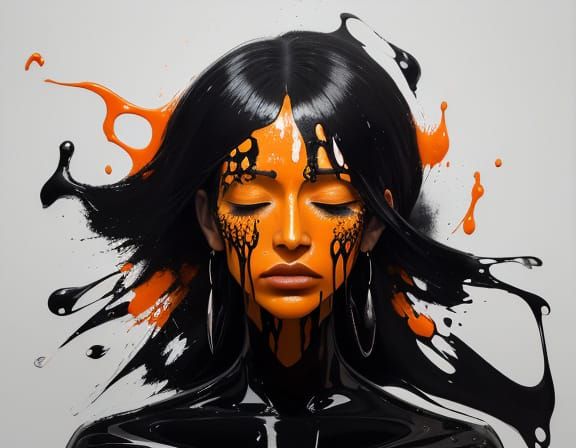 Surreal Abstract Portrait with Vibrant Orange Drips