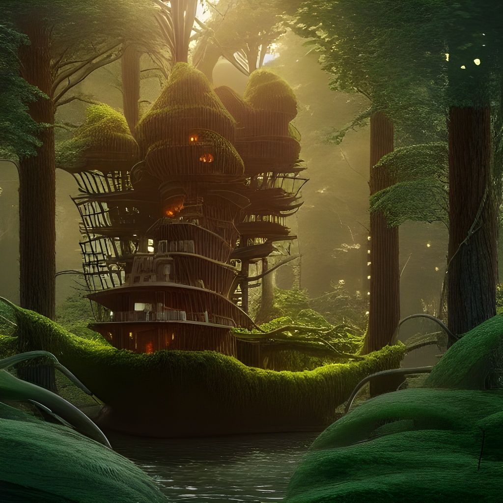 Treehouse Ship Sailing at Sunset: Photorealistic Render