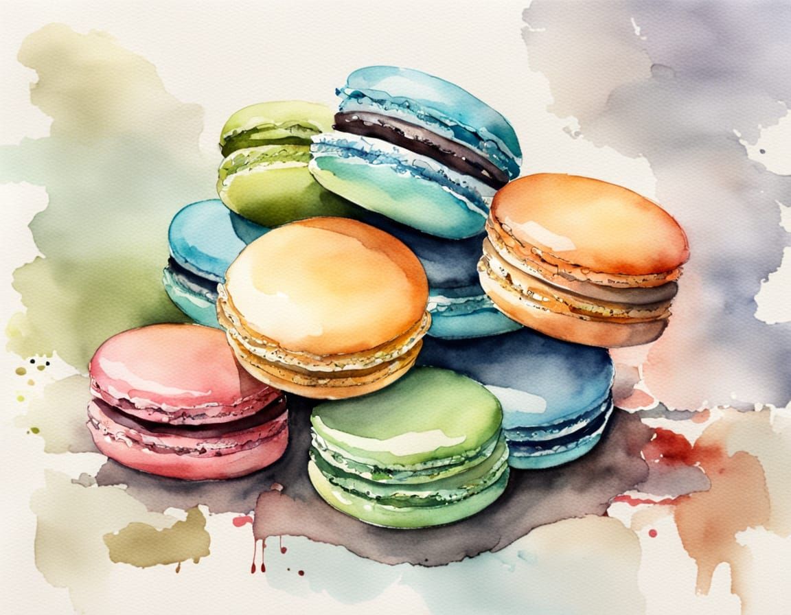 Delicate Pastel Macaron in Watercolor Ink Wash