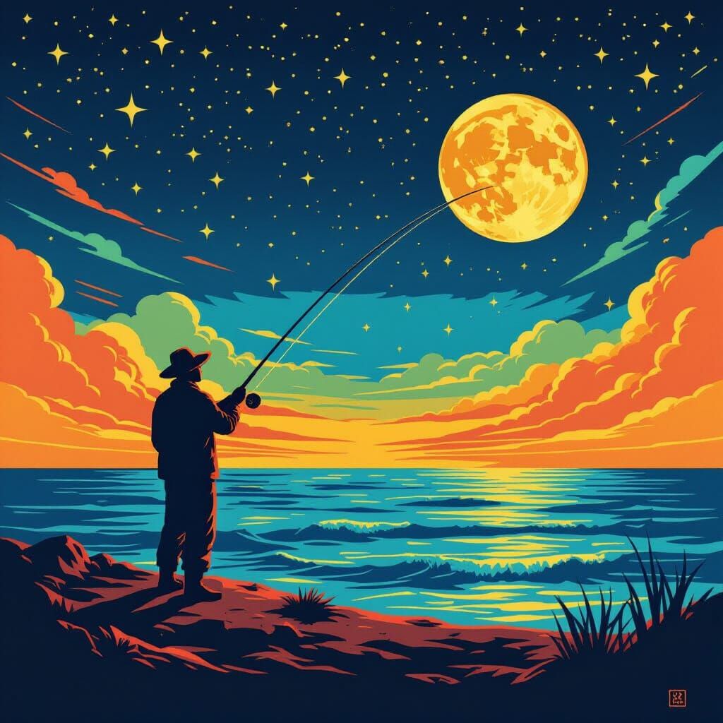 Fisherman Casting Line on the Moon in Pop Art Style