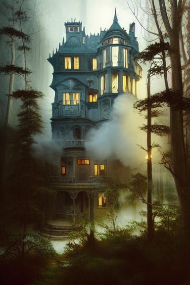 Victorian House in Dark Woods, Studio Ghibli Style
