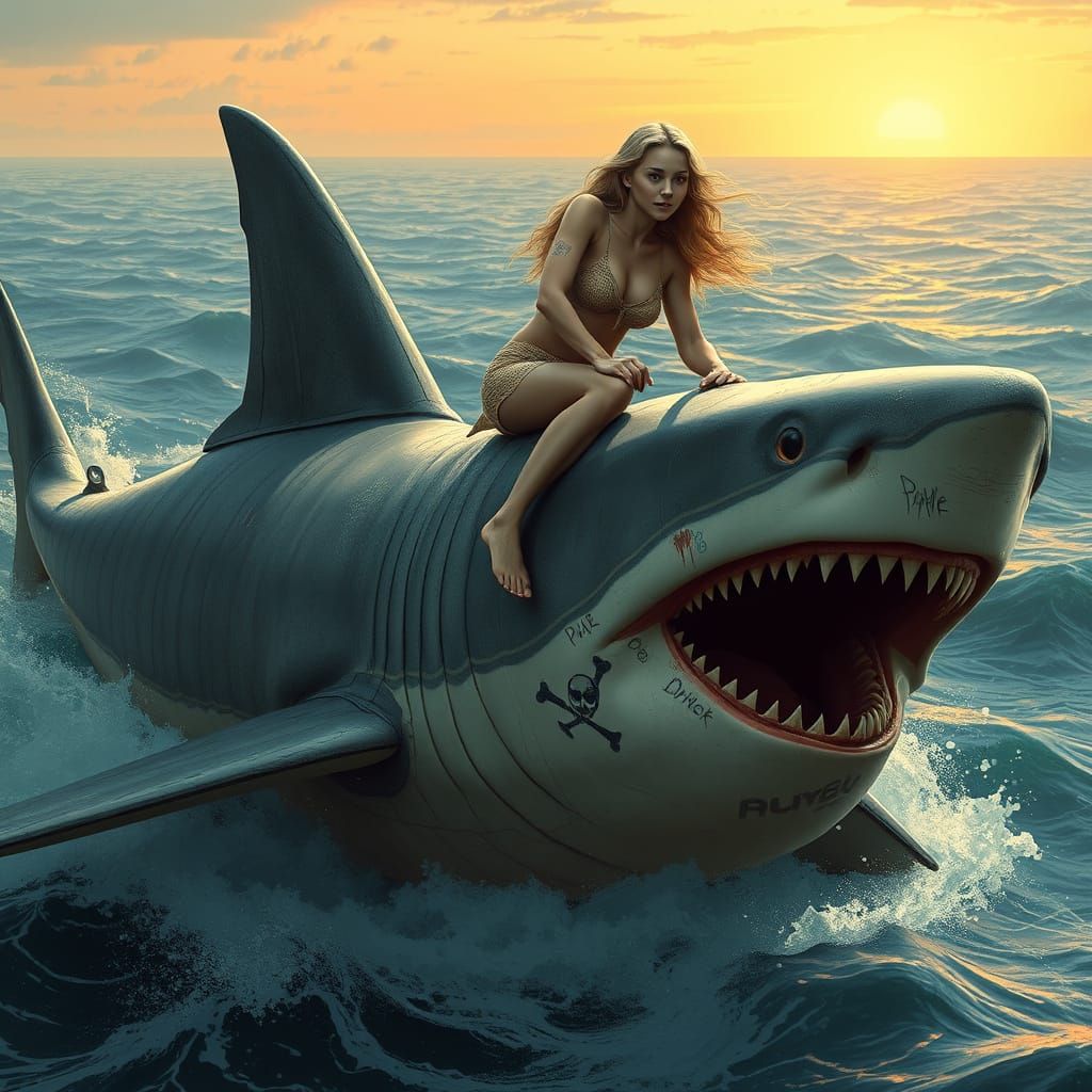 Woman Rides Shark on Sunburnt Horizon in Digital Art