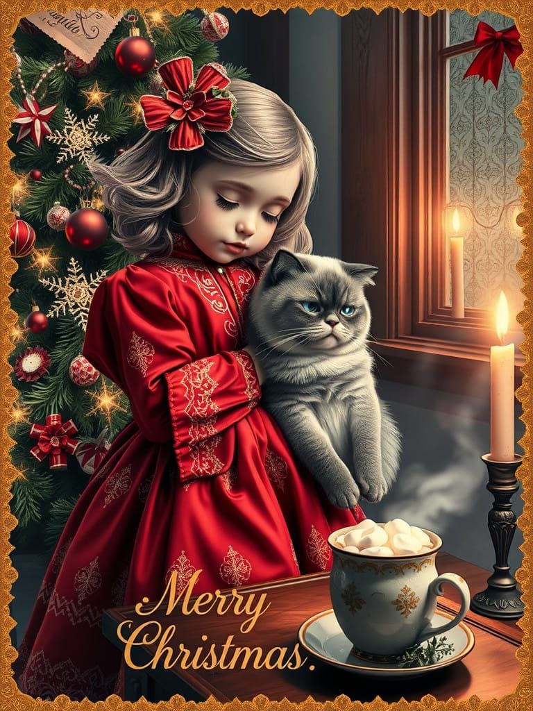 Cozy Victorian Christmas Scene with Girl, Cat, and Christmas...