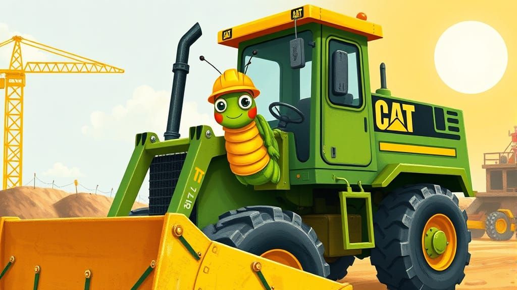 Caterpillar Drives a Truck in Children's Book Style