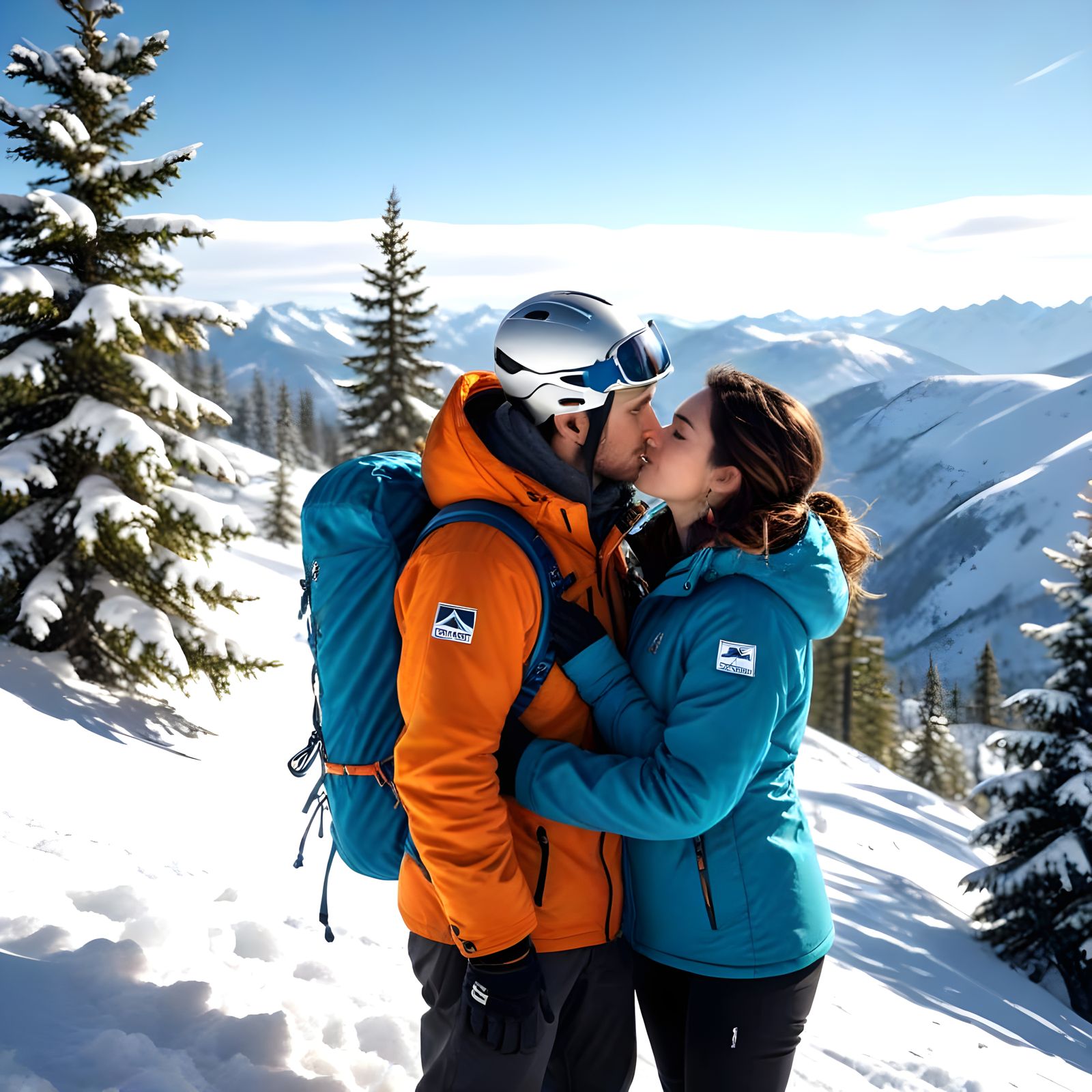 Couple's Snowy Mountain Embrace on Sunny Day