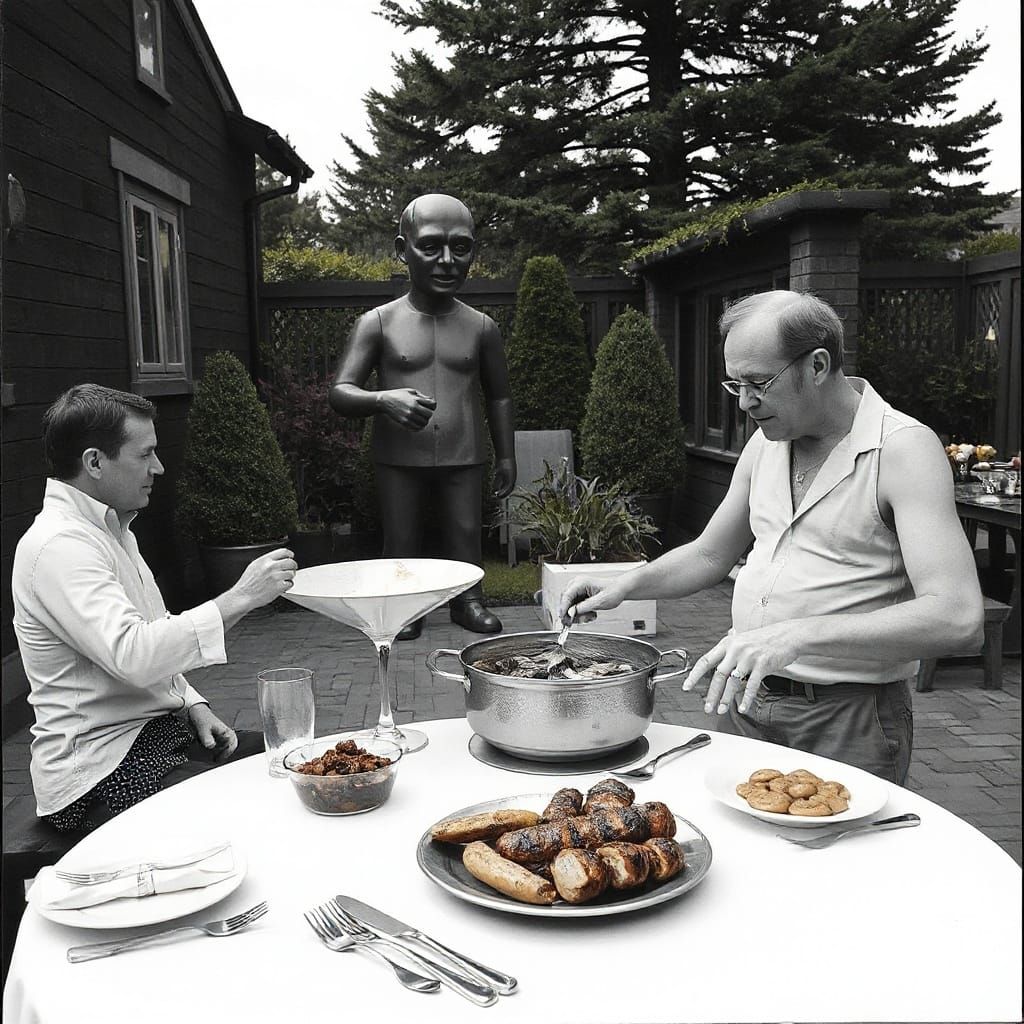 Surreal Garden Barbecue in Mixed Artistic Styles