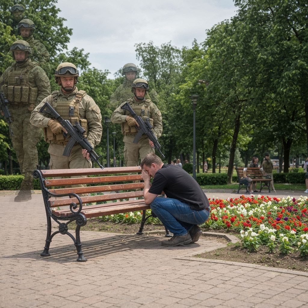 Man's Fear Under Park Bench: Approaching Soldiers Hallucinat...