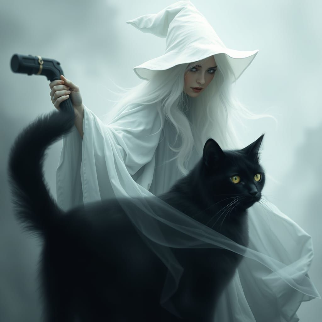 Ethereal Scene of White Witch and Black Cat Merging in Soft,...