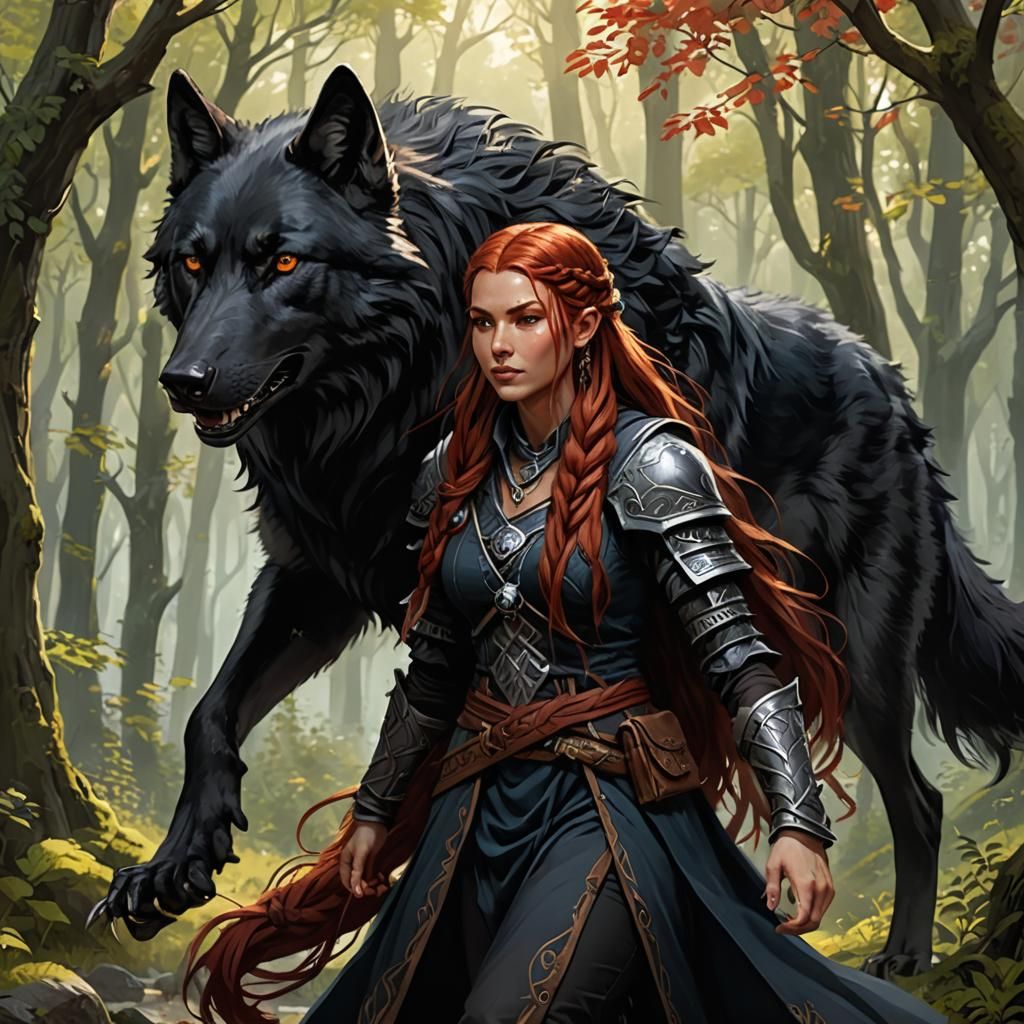 Druid and Wolf Companion in Fantasy Art Style