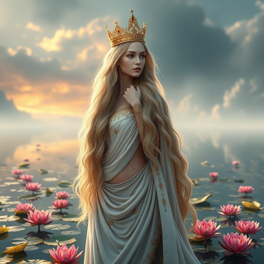 Regal Goddess Amidst Ethereal Dawn Landscape