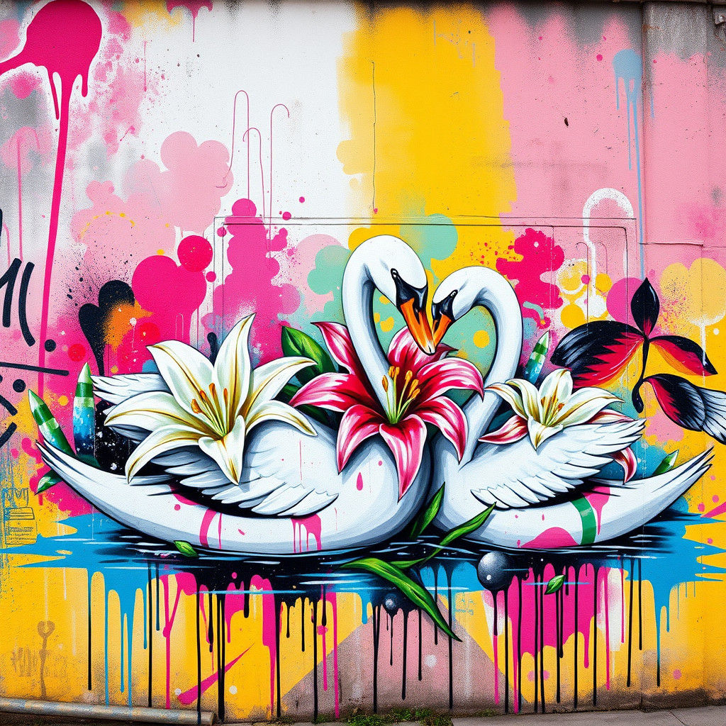 Graffiti Art: Peace Lilies and Swans Street Art