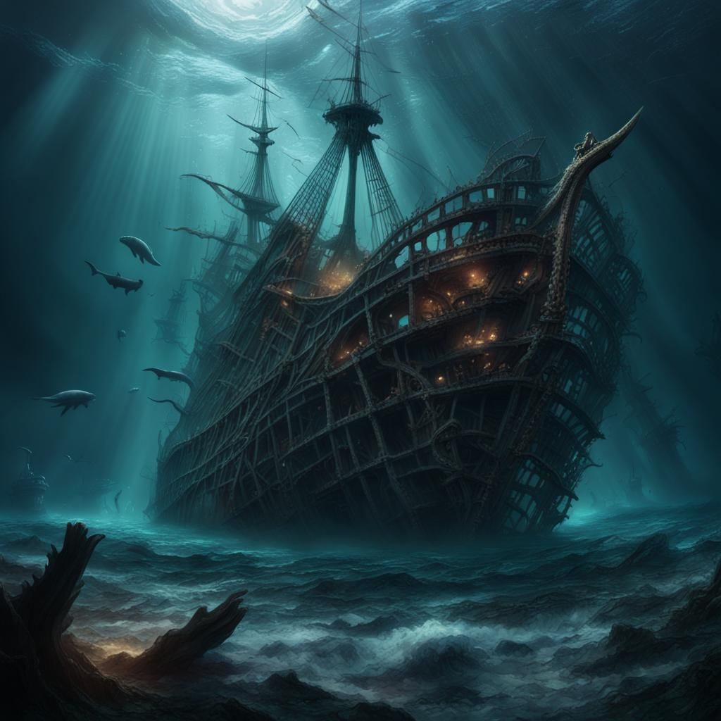 Dramatic Shipwreck and Sea Monster in Dark Ocean
