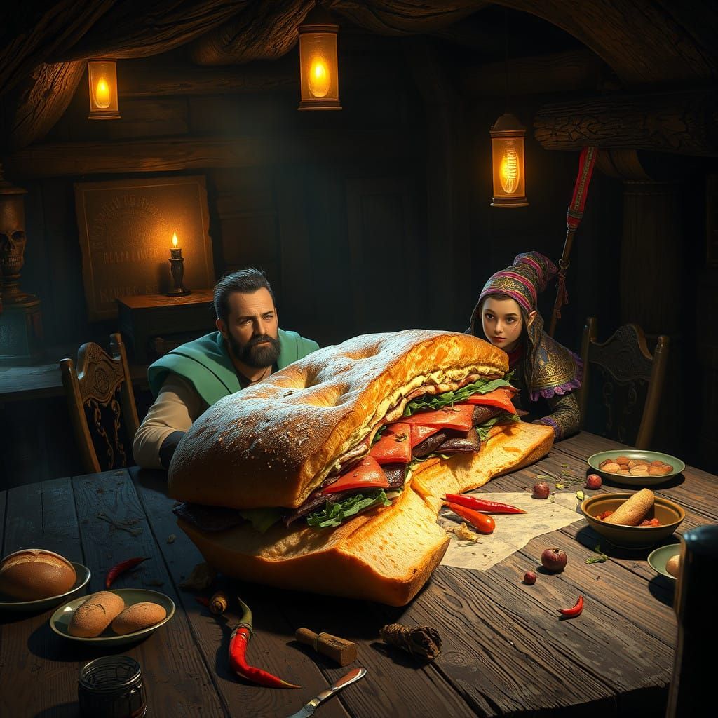Gargantuan Tavern Feast in Whimsical Fantasy Setting