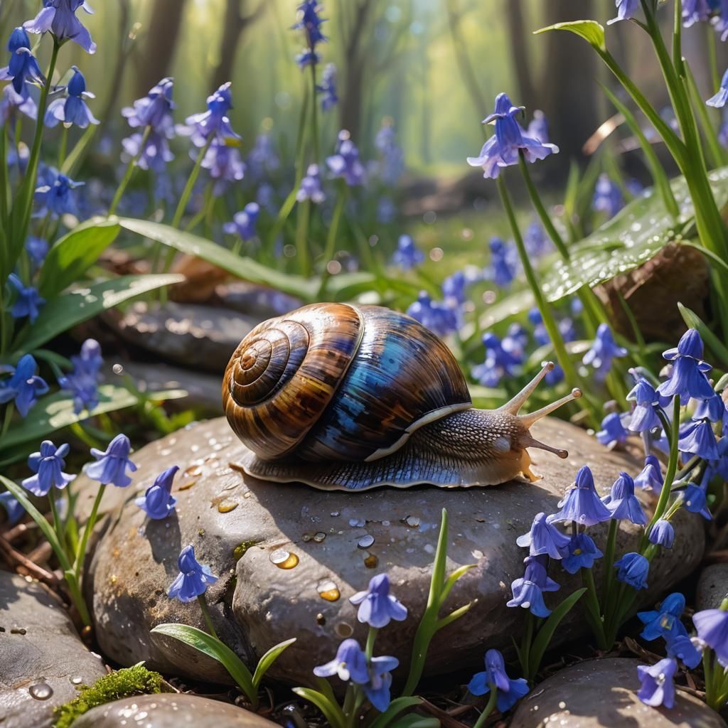 Snail and Bluebells: Hyperrealistic Oil Painting