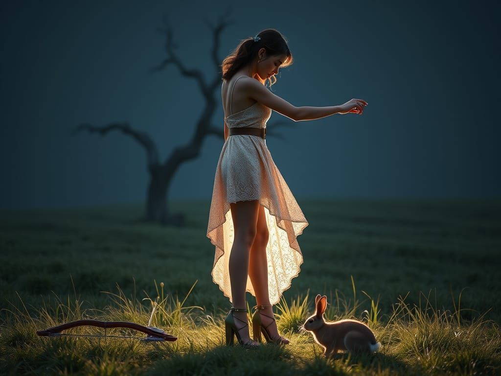 Woman in Elegant Skirt Amidst Whimsical Scene, Futuristic Se...