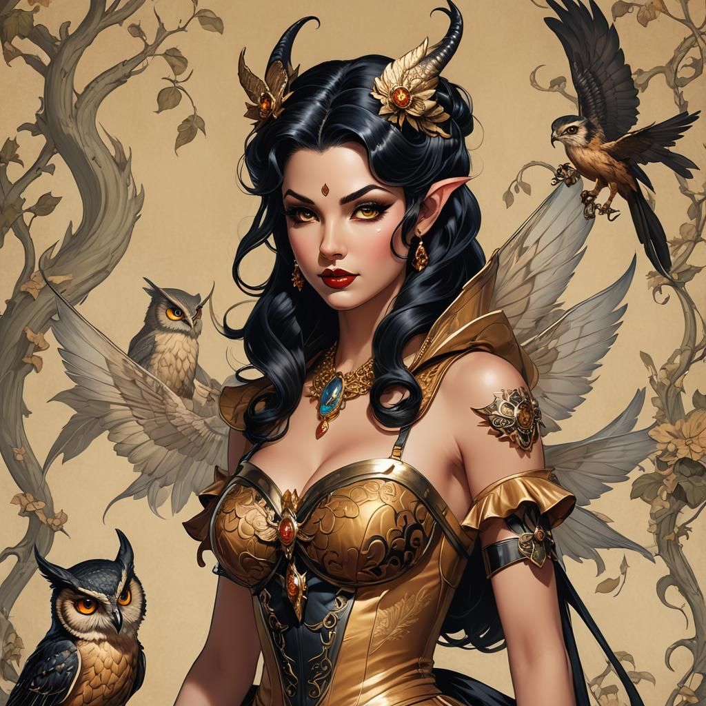 A [cunning half-dragon fairy] styled in the manner of classic American pin-up artists, reminiscent of video games, (Role...